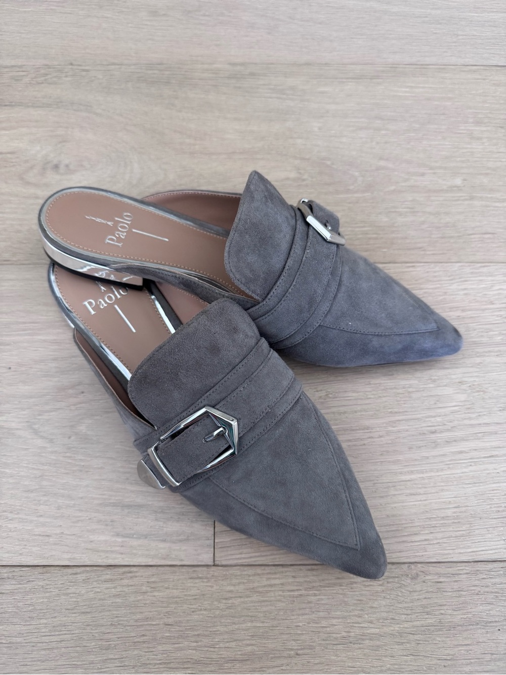 Paolo Gray Suede Pointed Buckle Backless Mules